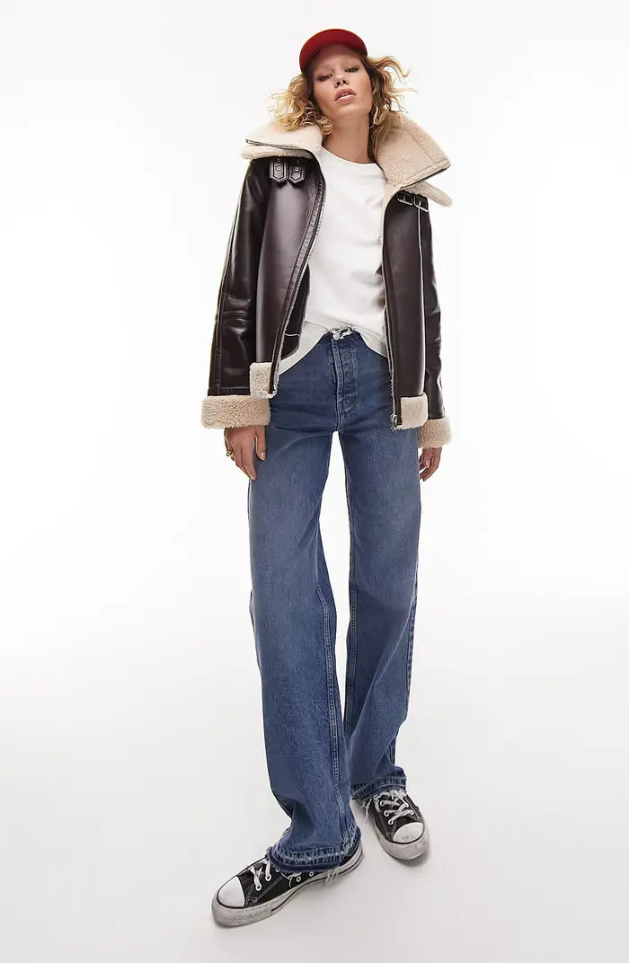 Topshop Faux Leather Aviator Jacket with Faux Fur Trim | Nordstrom | Nordstrom