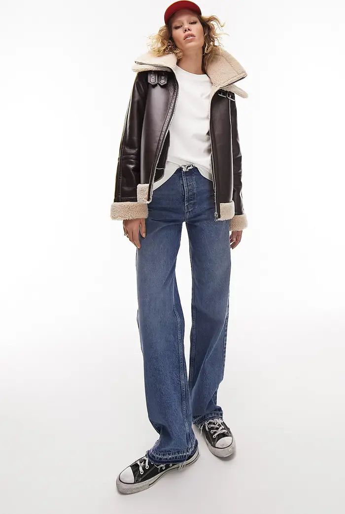 Faux Leather Aviator Jacket with Faux Fur Trim | Nordstrom