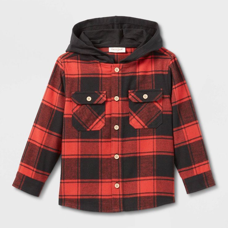 Toddler Boys' Hooded Flannel Long Sleeve Button-Down Shirt - Cat & Jack™ Black/Red | Target