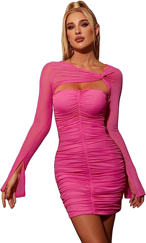 HTZMO Women's Long Sleeve Cut Out Mini Dress Sheer Mesh Ruched Bodycon Sexy Party Dresses | Amazon (US)