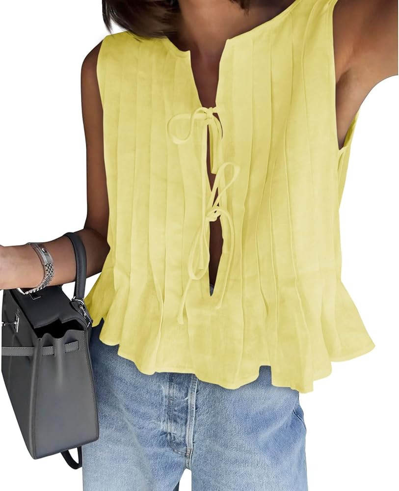 Cicy Bell Womens Bow Front Tie Tank Tops Pleated Babydoll Top Sleeveless Cute Coquette Shirt Summ... | Amazon (US)
