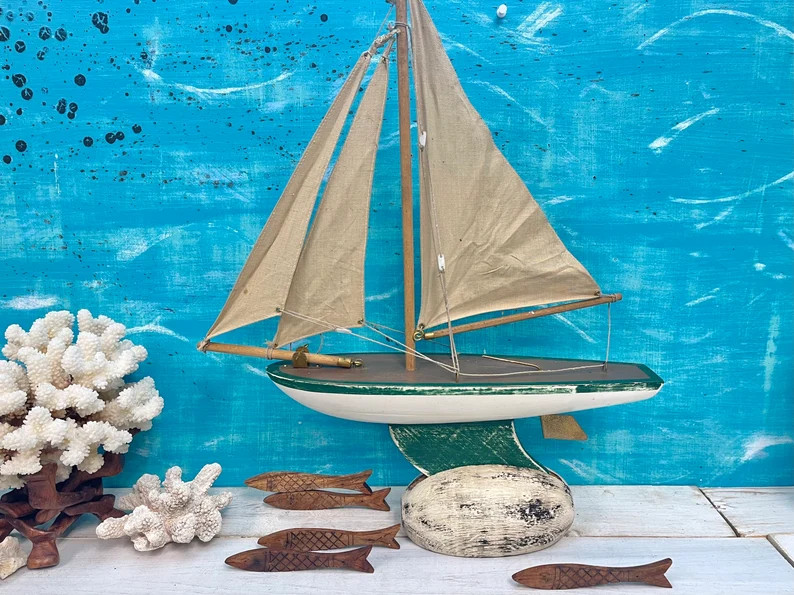 Vintage Model Sailboat in Green and White, Pond Yacht in Stand, 1970's Sailing Boat, Nautical Bea... | Etsy (US)