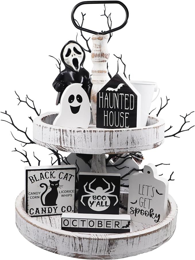 Halloween Tiered Tray Decor,Halloween Decorations Hunted House Black Cat BOO Spooky Table Wooden ... | Amazon (US)