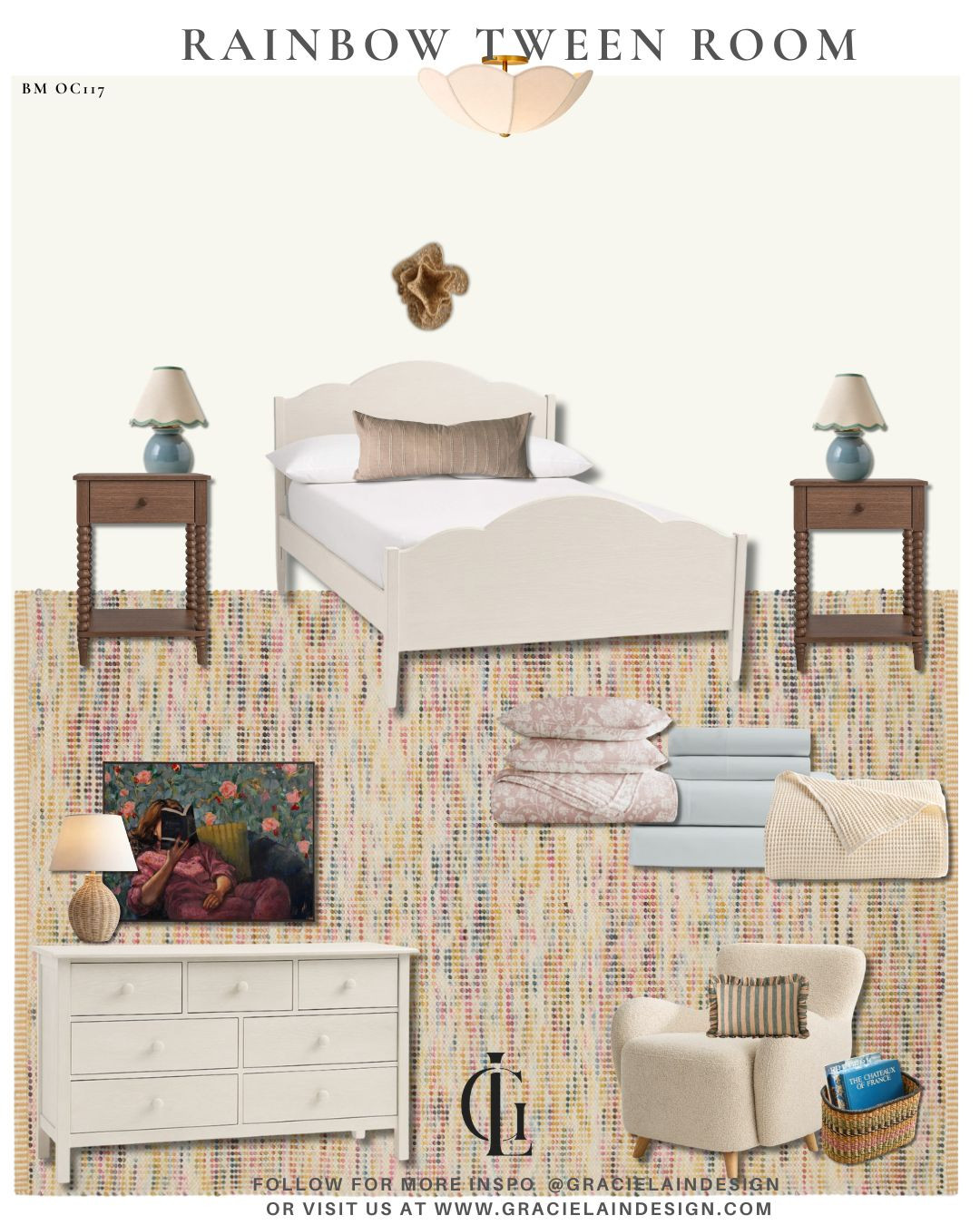 A colorful room doesn't have to feel overwhelming. ✨ By starting with a Simply White backdrop, every rainbow-inspired accent has room to shine in perfect harmony. The cozy cotton rug sets the palette with dreamy blues, pink pops, earthy olives, and cheerful sunshine yellow, while warm wood tones, scalloped details, cozy textures, and thoughtfully curated art create a space that's playful, polished, and perfectly tween-to-teen. Crisp, collected, and anything but cloying—this is color done right. 🌈
See more colorful spaces and design inspiration at gracielaindesign.com.
#GracielainDesign #TweenRoom #TeenRoomDesign #ColorfulInteriors #RainbowRoom #GirlsBedroom #InteriorDesign #KidsRoomDecor #ModernKidsRoom #ScallopedStyle #ColorPalette #CozyCottonRug #LayeredInteriors #DesignInspiration #ColorfulHome #HomeDecor #RoomGoals #InteriorStyling #CaliforniaCasual #gracielaindesign 

 #LTKHome #LTKSaleAlert #LTKKids
