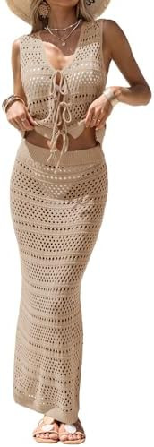 Fisoew Womens Summer Crochet Swim Cover Up 2 Piece Sleeveless Front Tie Crop Tops Beach Maxi Skir... | Amazon (US)