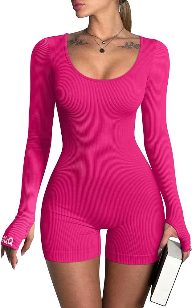 OQQ Women Yoga Rompers Ribbed Workout Long Sleeve Round Neck Exercise Jumpsuits Rompers | Amazon (US)