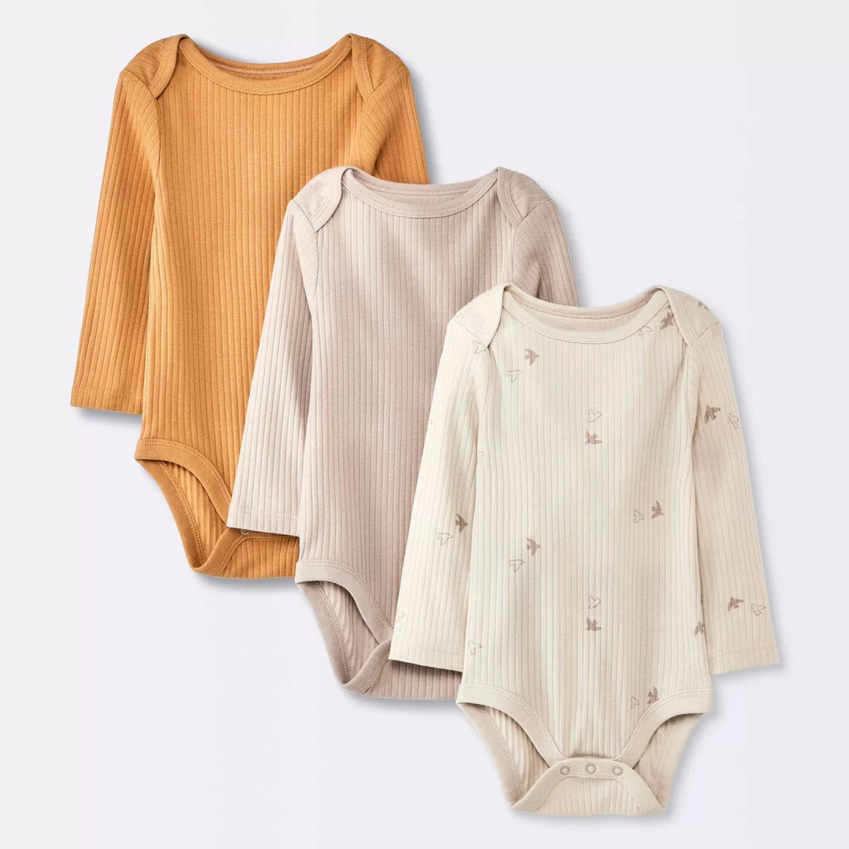 Baby 3pk Birds Long Sleeve Wide Ribbed Bodysuit - Cloud Island™ Bronze | Target