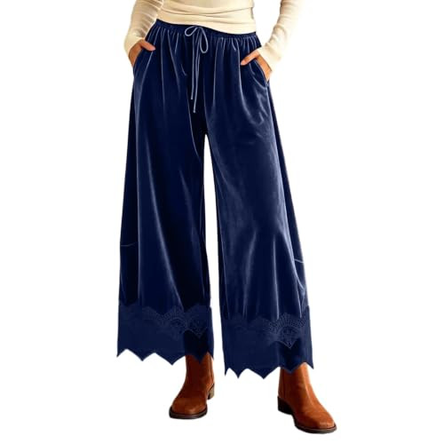 Womens Velvet Wide Leg Pants Scalloped Lace Hem Palazzo Trousers | Amazon (US)