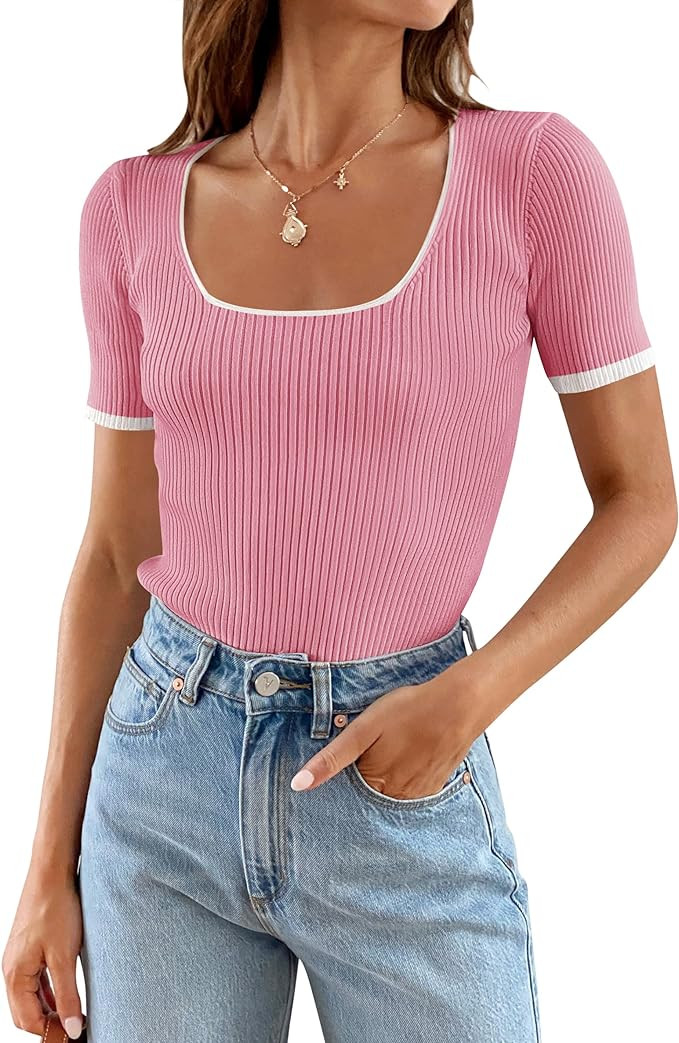 ZESICA Women's Short Sleeve Square Neck Color Block T Shirt 2025 Summer Slim Fit Ribbed Knit Basi... | Amazon (US)