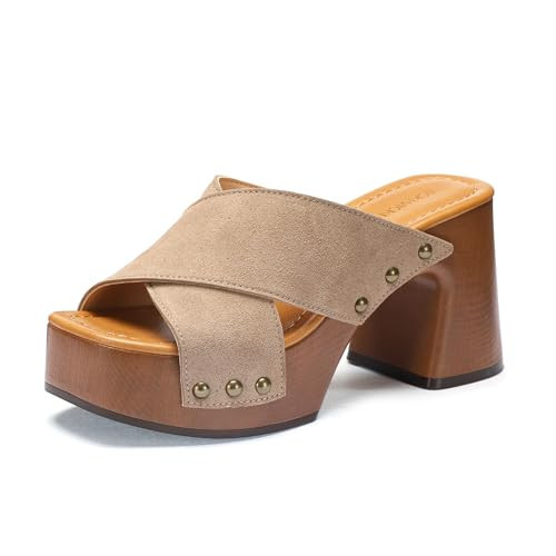 VICKI·VICKI Womens Platform Chunky Sandals, Square Open Toe Crisscross Heels Studded Slip On Slide Heeled Sandals Comfortable Summer Dressy Shoes for Casual Party Office Sand Size 7.5 | Amazon (US)