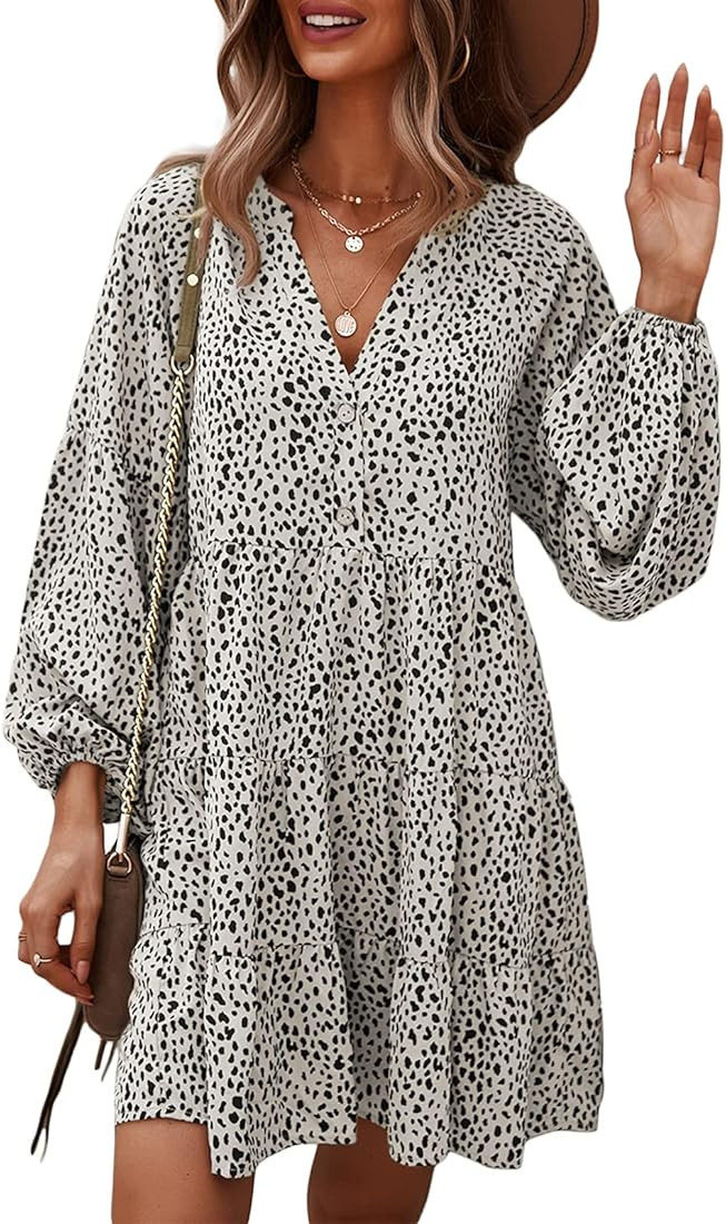 TEMOFON Women's Tunic Dress Leopard Floral Printed Long Sleeve Casual Loose V Neck Ruffle Swing Mini | Amazon (US)