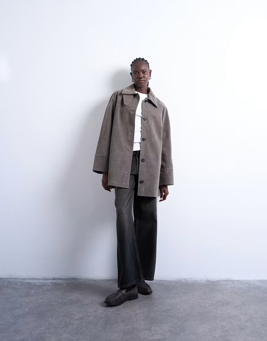 Topshop faux suede short car coat with neck tab in gray | ASOS (Global)