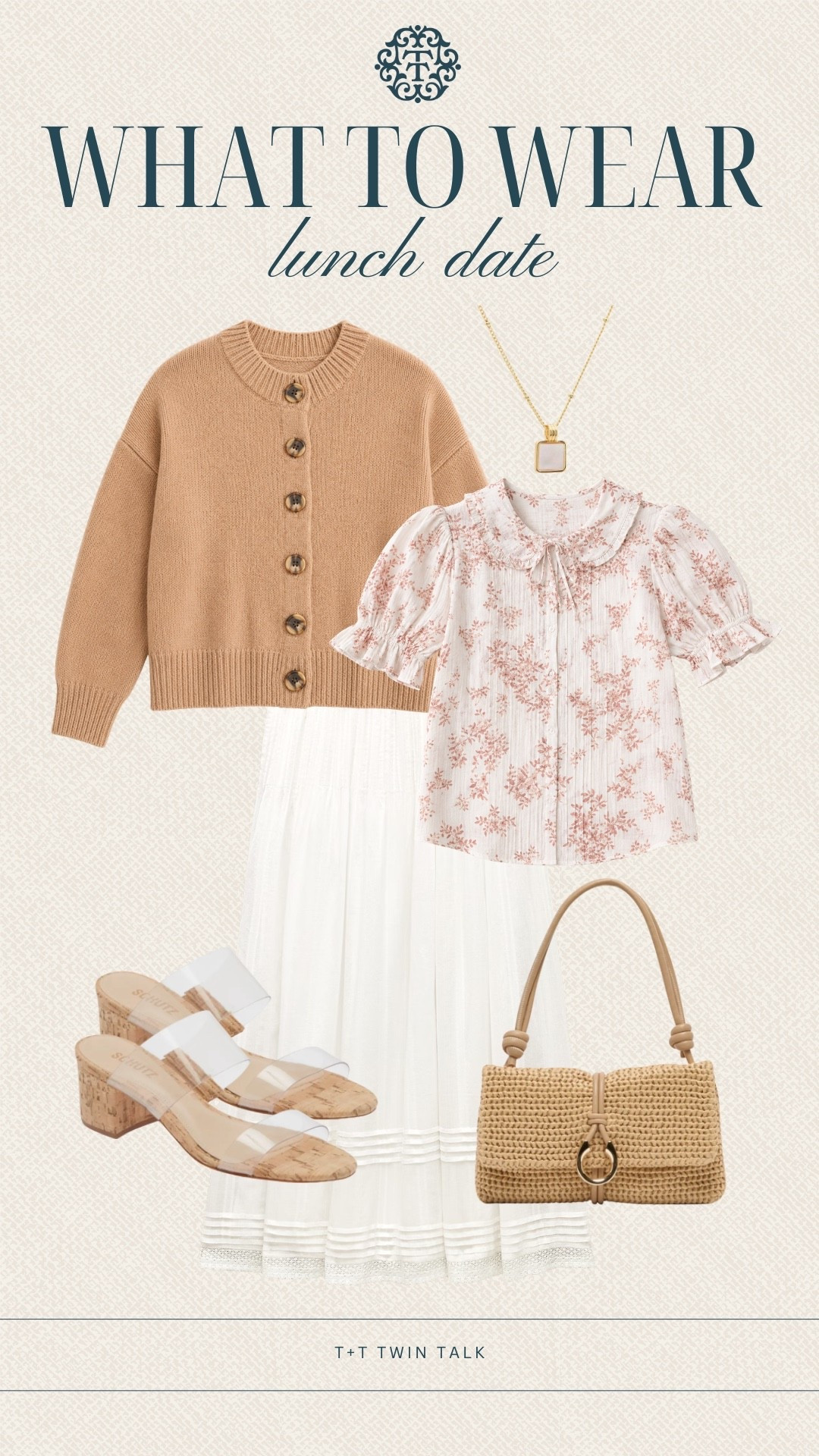 T+T, what to wear on a lunch date! We think this white skirt is a must-have for summertime! It pairs with so many things like this floral top, clear strap shoe, and Quince cardigan!

#LTKootd #LTKgrwm #LTKdayinmylife