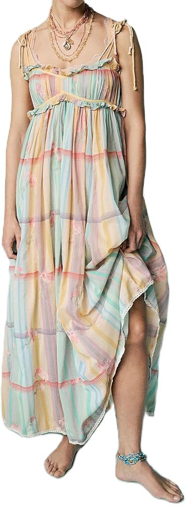 Women Y2k Summer Maxi Dress Tie-Up Shoulder Strap Plaid Floral Print Long Flowy Dress Boho Casual... | Amazon (US)