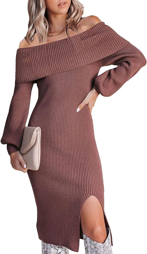 Cutiefox Women's Off The Shoulder Bodycon Sweater Dress Elegant Long Sleeve Ribbed Knit Midi Dres... | Amazon (US)