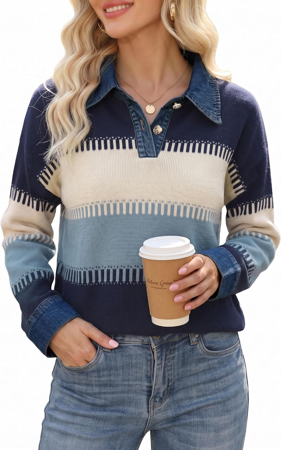 Womens Oversized Sweater Denim Polo Knit Collared Fall Sweater | Amazon (US)