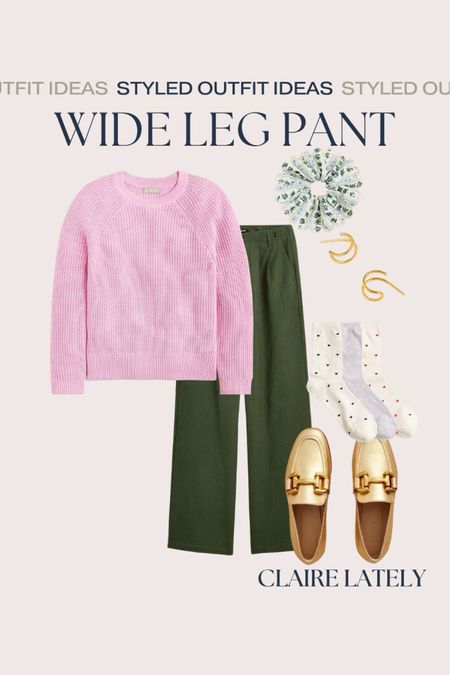 How to wear the favorite Madewell Wide Leg Sailor Pant - fisherman sweater, coordinating scrunchie hair accessory, gold metallic shoes, earrings, heart socks 
Love, Claire Lately 

Wear to Work or elevated casual weekend winter outfit idea 

#LTKworkwear #LTKfindsunder100 #LTKstyletip