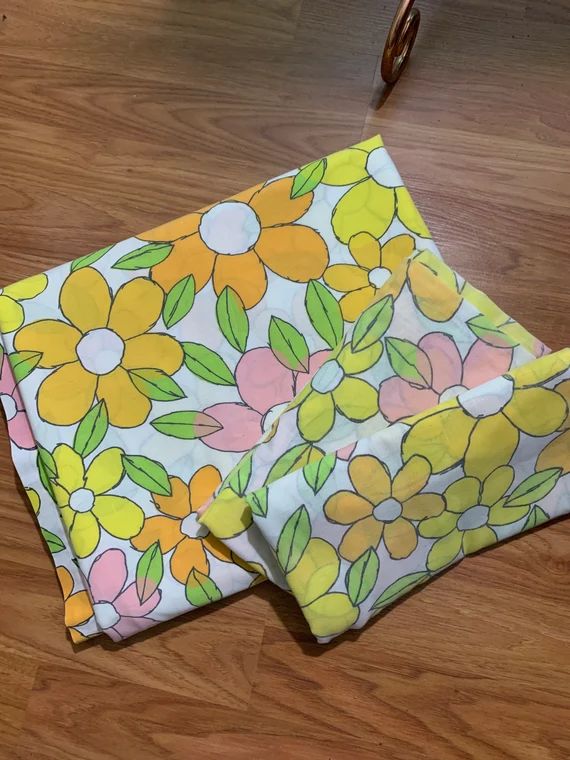 Retro 60s Mod Yellow Orange and Pink Floral Queen Flat Sheet - Etsy | Etsy (US)