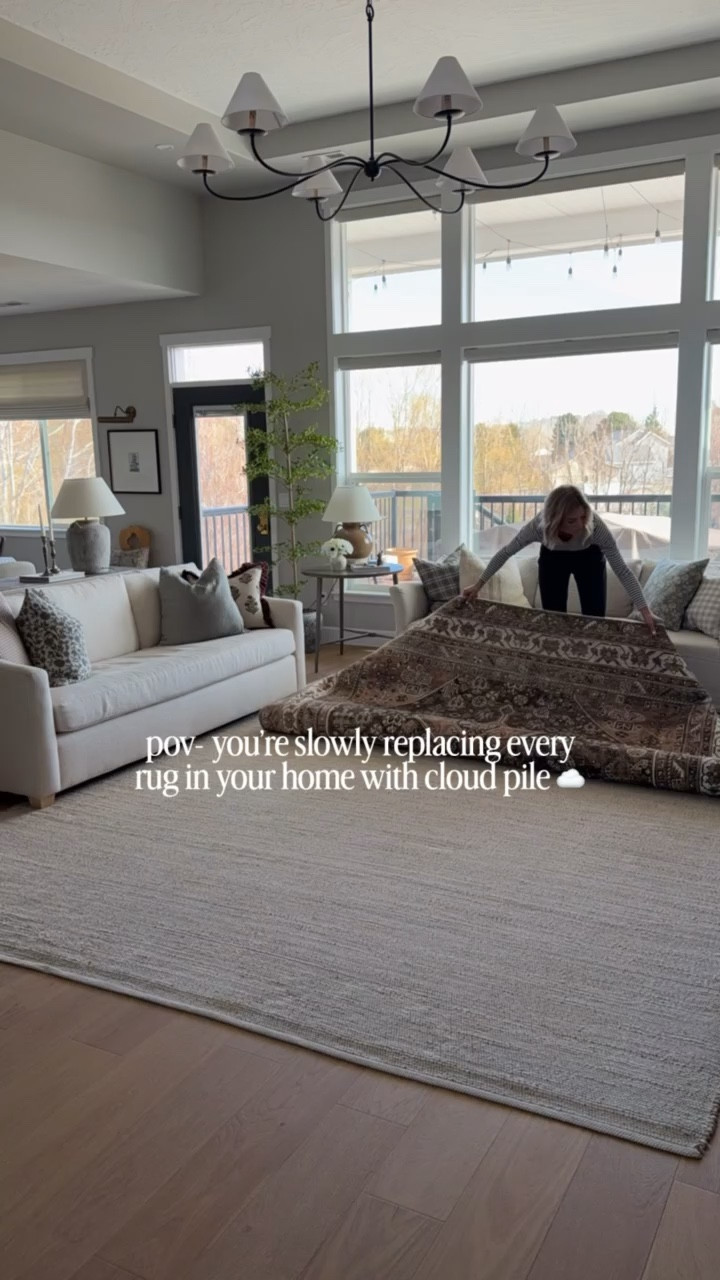 Our new living room area rug! We absolutely love the softness and warmth of a CloudPile rug, especially in our main living spaces! This is the Nessa rug in Apricot/Olive in the 8'6" x 11'6" option! I love the vintage-inspired look, warm earthy tones, and the easy to care for material! @joonloloi  #JoonLoloi