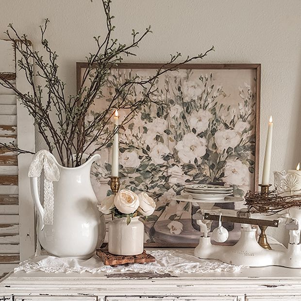 White Bouquet Gray Vase Wall Art By Julia Purinton | Antique Farm House