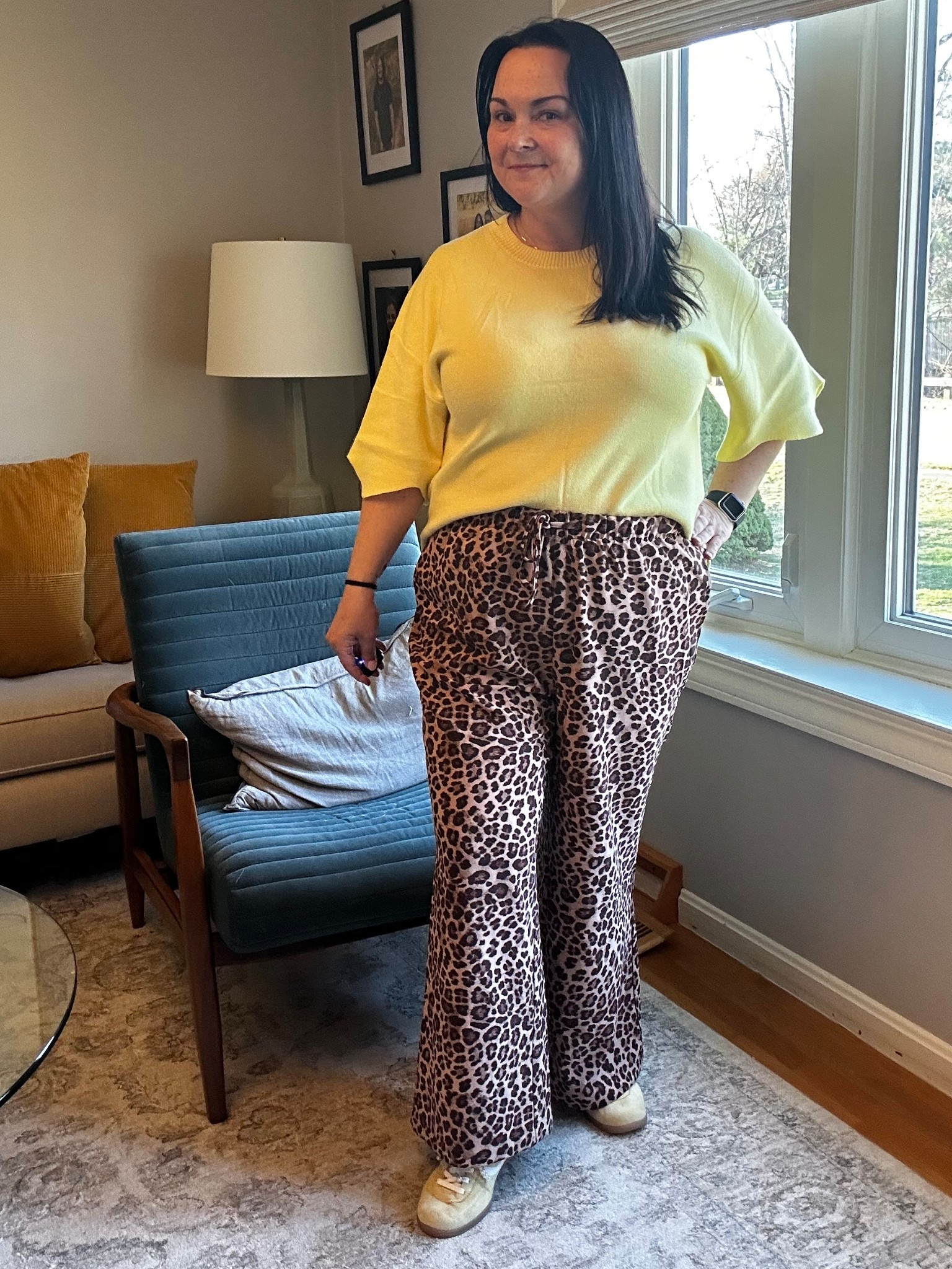 Casual midsize ootd with true to size leopard print wide leg pants and a soft short sleeve sweater. This comfortable outfit is easy, flattering, and perfect for real life. The statement pants add interest while the simple top keeps the look effortless and wearable. A go-to everyday outfit formula for midsize women who want comfort without sacrificing style.

#LTKootd #LTKWorkwear #LTKMidsize