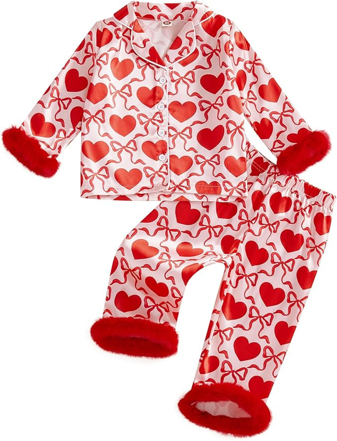 Kayotuas Kids Valentines Pajamas Girls Satin Pajama Set Toddler Heart Pjs Cute Button Down Shirt ... | Amazon (US)