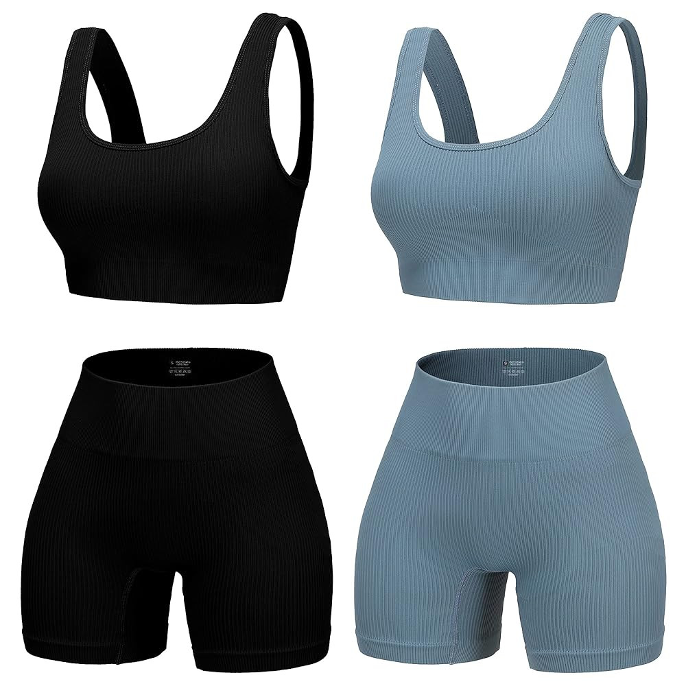 4 Piece Workout Sets for Women Seamless Ribbed High Waist Yoga shorts with Sports Bra Outfits | Amazon (US)