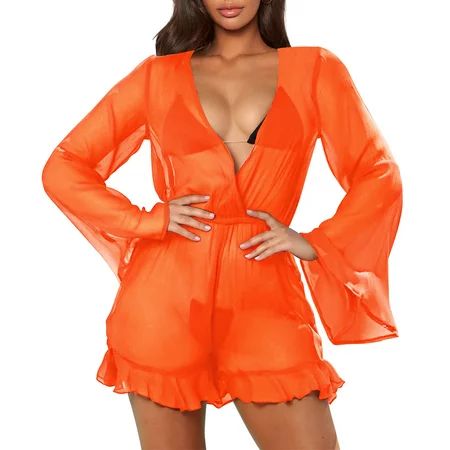 Pink Queen Women s Beach Ruffle Jumpsuit One Piece Bikini Mesh Cover Up Orange XL | Walmart (US)