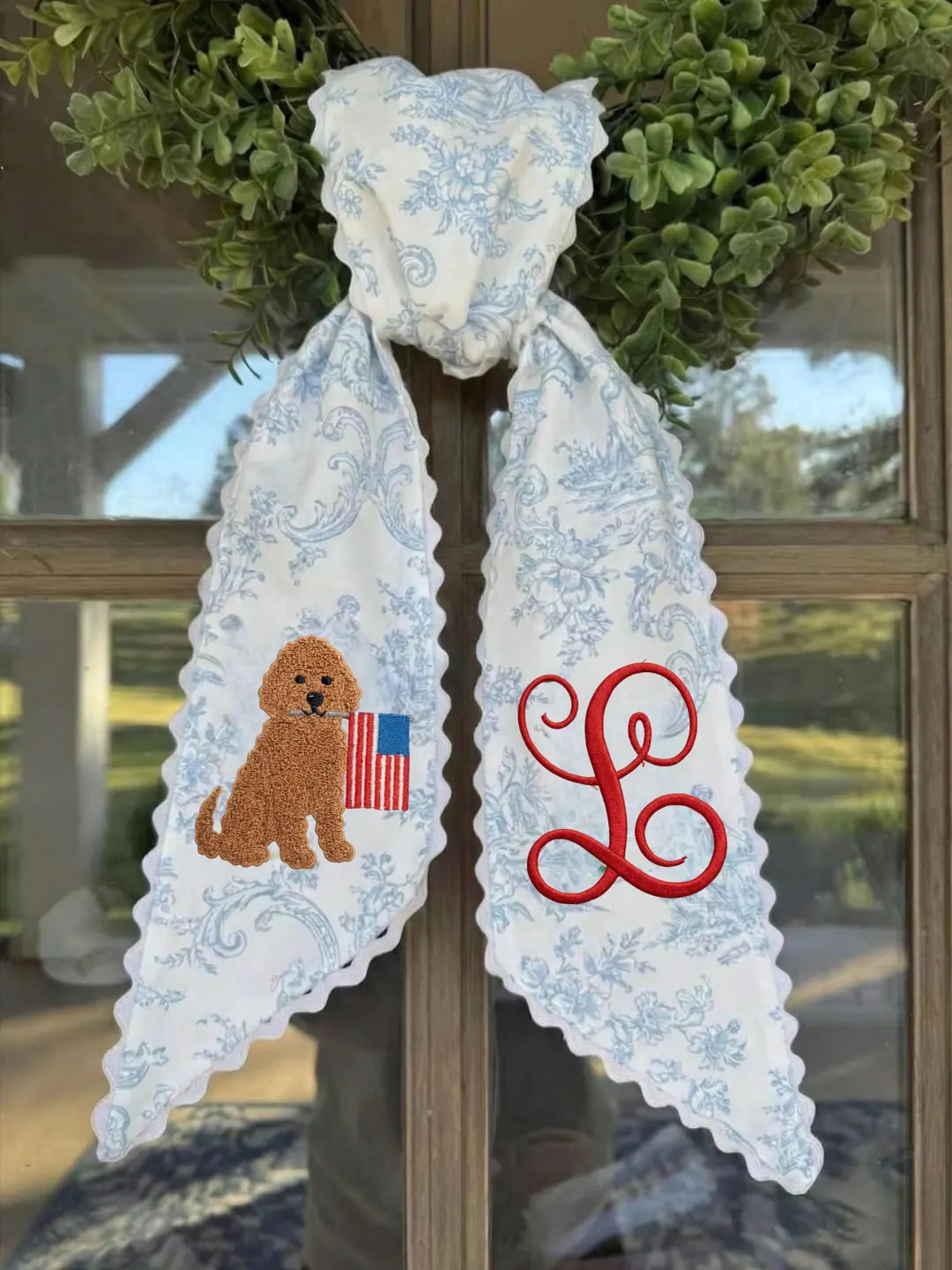 Wreath Sash Fourth July, Custom Patriotic Wreath Sash, Embroidered Monogram, Rick Rack Trim | Etsy (Global)