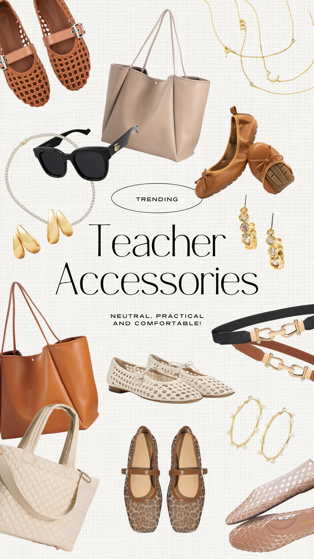 Teacher and business casual accessories! Gold earrings and necklaces. Neutral totes, bags, purses, and weekenders. Ballet flats, mules, jellies and slides for work. Designer sunglasses. Elevated casual outfits for teachers, moms and working women.

#LTKmomlife #LTKSeasonal #LTKPetite