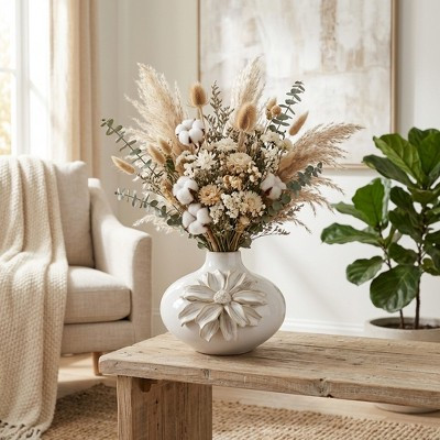 Elegant Round Ceramic Vase - Dimensional Floral Detail and Glossy Finish Flower Vase - Decorative Piece for House and Office - 5", Ivory | Target
