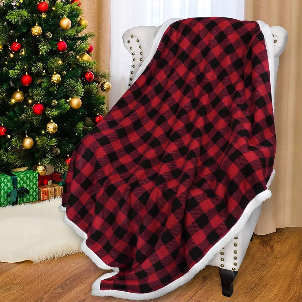 Catalonia Classic Red Black Checkered Holiday Blanket, Buffalo Plaid Sherpa Throw for Couch Sofa ... | Amazon (US)