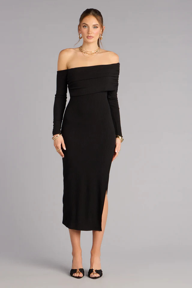 Sweep Me Away Ribbed Off Shoulder Midi Dress | Windsor Stores
