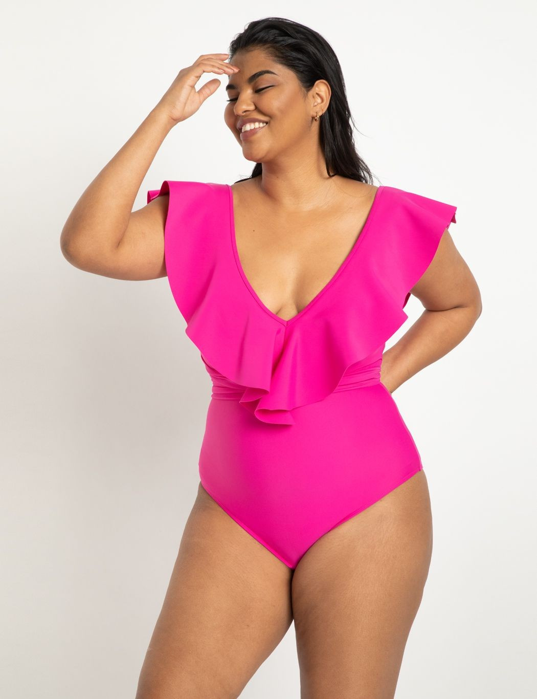 Ruffle Shoulder One Piece W Belt | Women's Plus Size Swimwear | ELOQUII | Eloquii