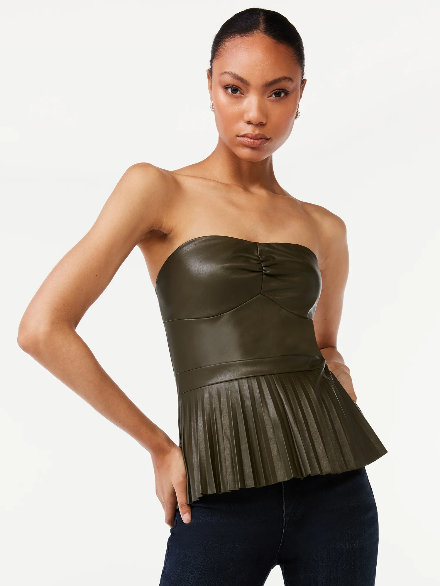 Scoop Women's Strapless Faux Leather Pleated Top - Walmart.com | Walmart (US)