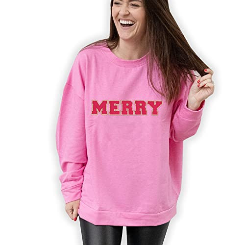 Mary Square Merry Bubblegum Pink and Red Polyester Blend Oversized Holiday Sweatshirt, Small | Amazon (US)