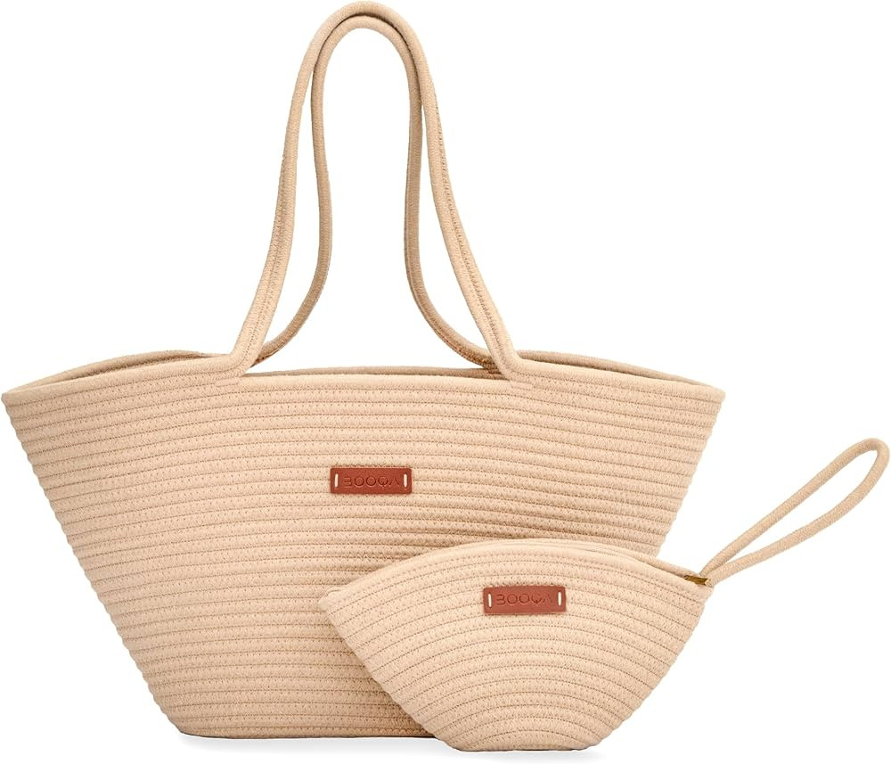 BOOQA Woven Tote Bag and Cosmetic Bag for Women, Cotton Rope Beach Travel Handbag, Set of Shoulde... | Amazon (US)