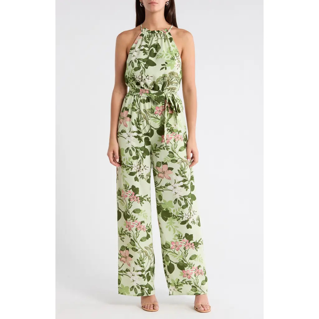 SUGARLIPS Zane Floral Lighthearted Tropical Print Jumpsuit in Grn-Pink-Mul at Nordstrom, Size X-Small | Nordstrom
