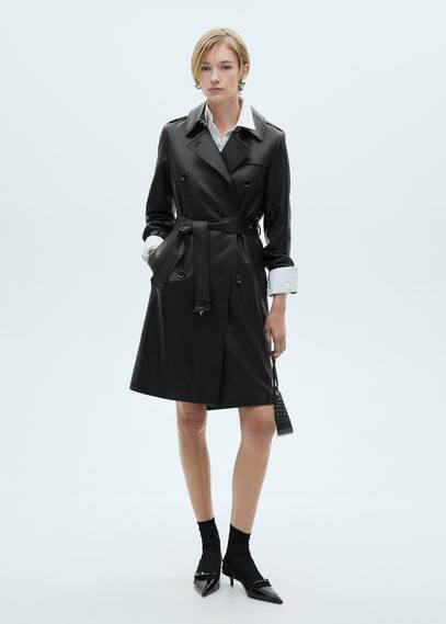 Leather-effect trench coat black - Woman - M - MANGO | MANGO (UK)
