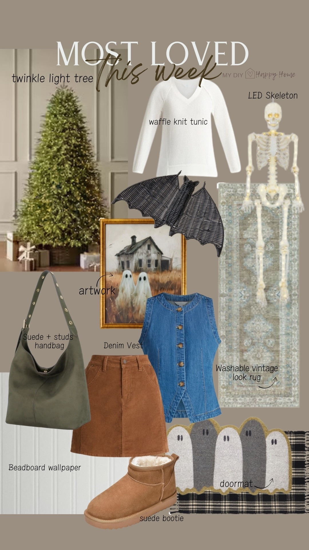 This weeks most loved and best sellers:

•viral Christmas tree
•woven bat
•LED skeleton 
•waffle knit tunic 
•suede + studs handbag
•halloween artwork 
•denim vest 
•corduroy skirt
•washable runner 
•layered doormats
•beadboard wallpaper
•suede bootie 

#LTKSeasonal #LTKHome #LTKMidsize
