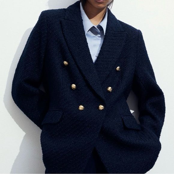 H&M Double Breasted Blazer Textured Woven Fabric Navy Blue LIKE NEW EUC | Poshmark