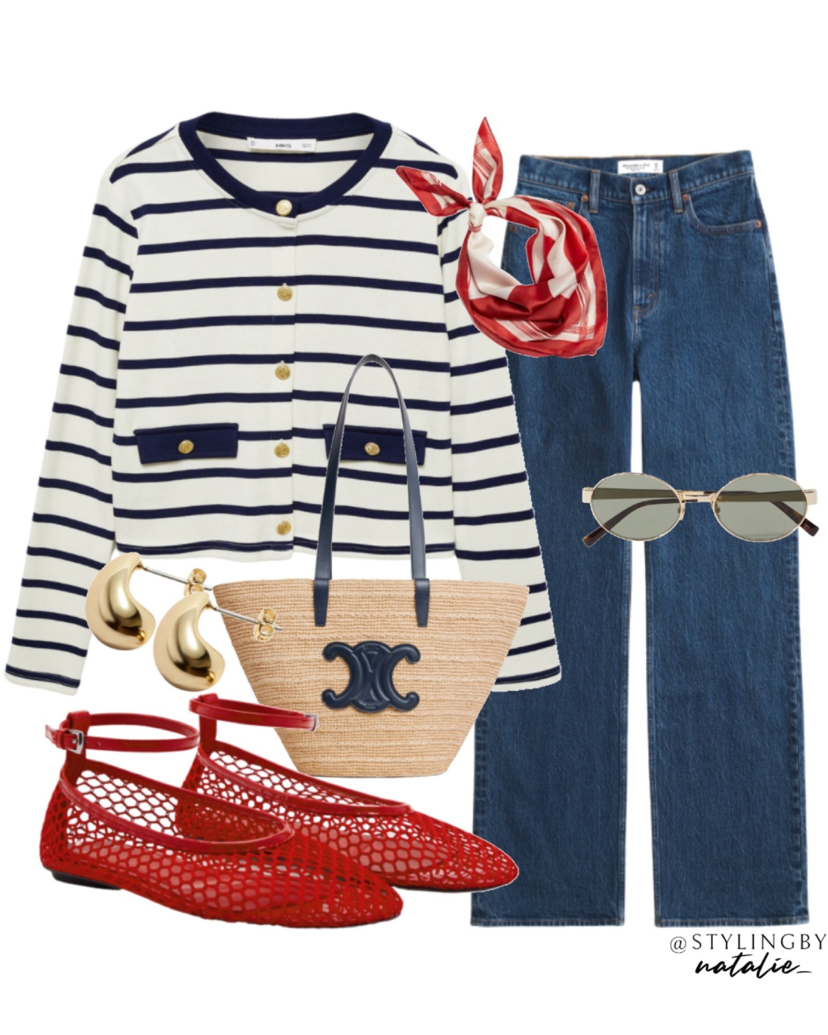 Stripe navy/white cardigan, red mesh ballet flats, blue high rise relaxed straight leg jeans, celine bag, red printed satin scarf, gold earrings & YSL sunglasses.
🏷️ Casual chic outfit, nautical, French chic, Parisian chic, blue jeans, smart casual, summer style, transitional style.

#LTKmidsize #LTKeurope #LTKstyletip