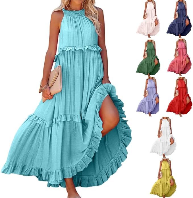Beach Dresses for Women Casual Long Flowy Sleeveless Maxi Dress Layered Ruffles Halter Sundress P... | Amazon (US)