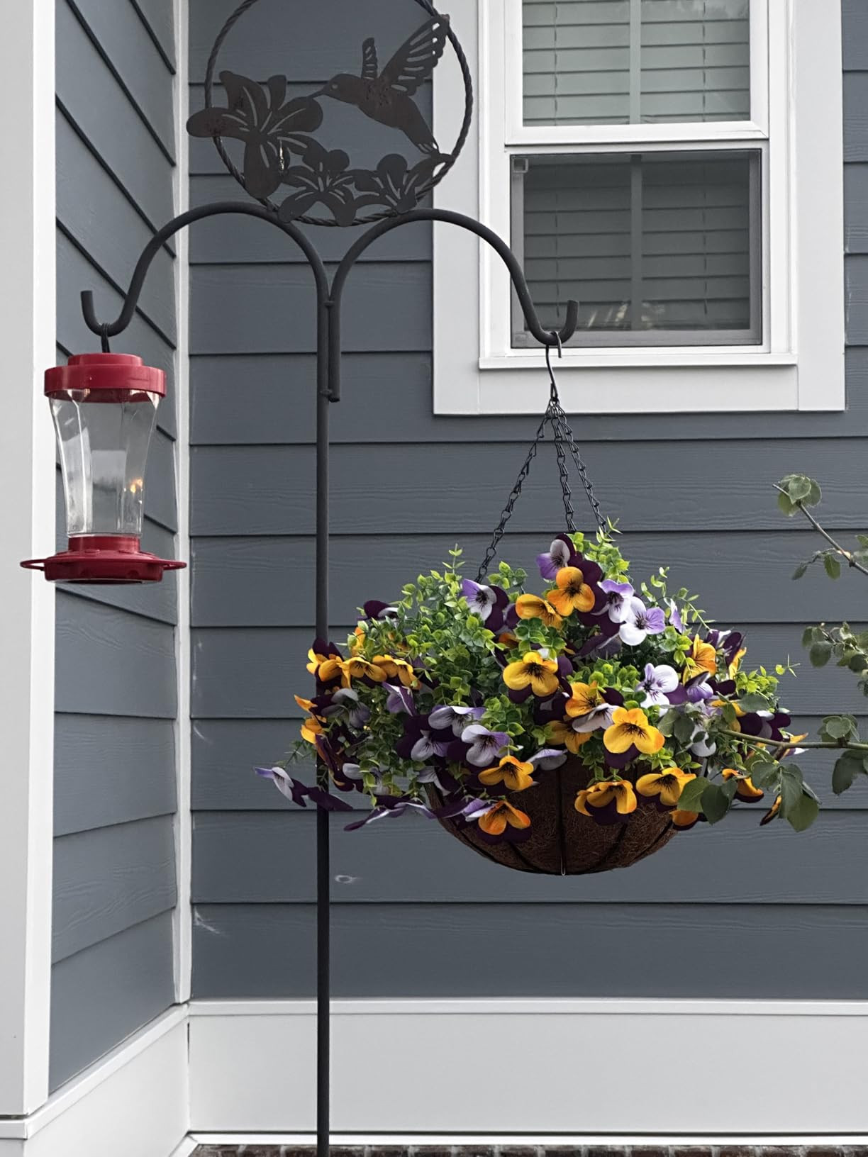 2 Set Artificial Outdoor Pansy Flowers with Hanging Baskets, 2 Hanging Baskets with 24 Pcs Silk Flowers for Spring Easter Decorations Porch Patio Home Decor (2, Purple, Yellow, White, Light Purple) | Amazon (US)