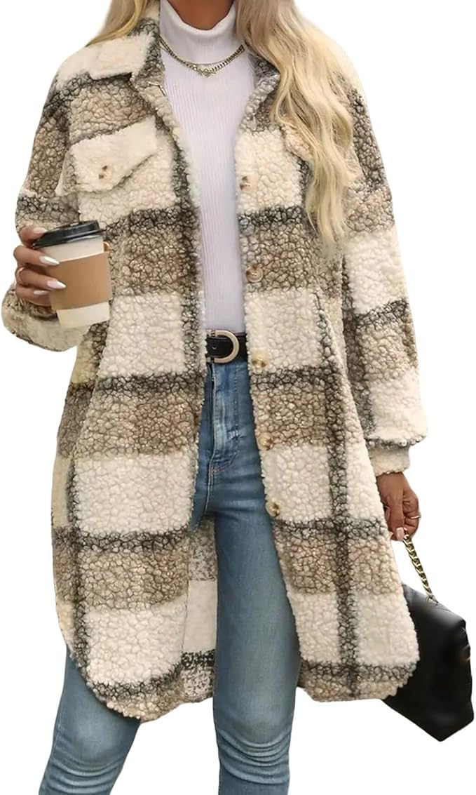 Women's Long Flannel Plaid Jacket Shacket Lightweight Button Down Fuzzy Fleece Shirts Trendy Sher... | Amazon (US)