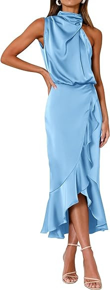 KIRUNDO Womens 2023 Summer Satin Mock Neck Party Cocktail Midi Dress Sleeveless Wrap Ruffle Merma... | Amazon (US)