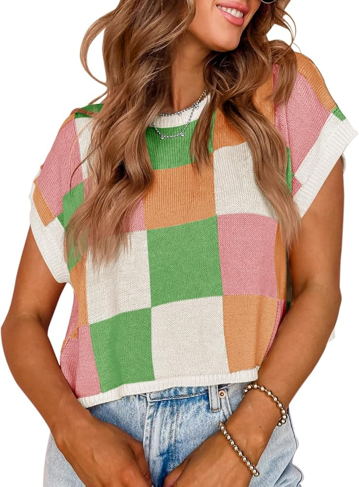 Saodimallsu Womens Cap Sleeve Crop Tops Summer Color Block Going Out Crew Neck Knit Trendy Casual... | Amazon (US)