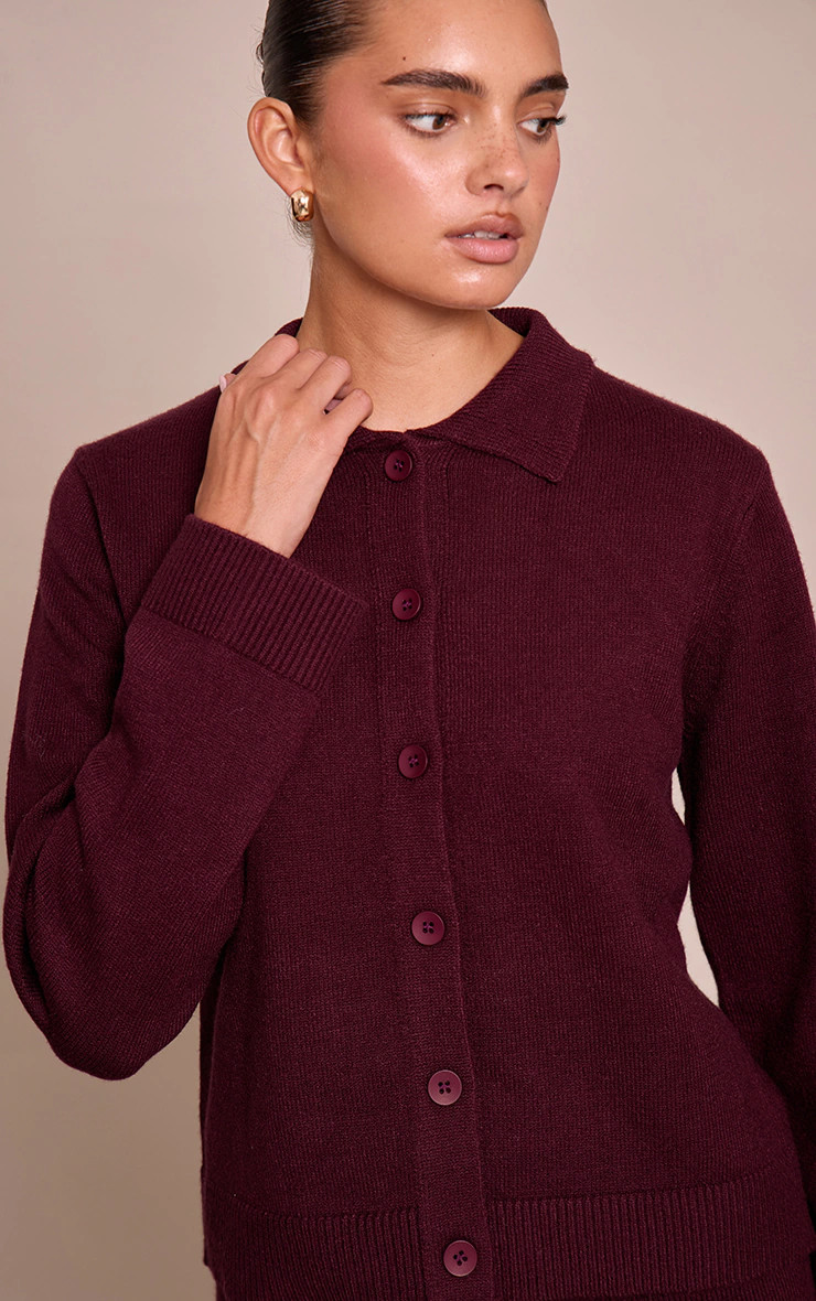 Chocolate Plum Button Through Collar Cardigan | PrettyLittleThing UK