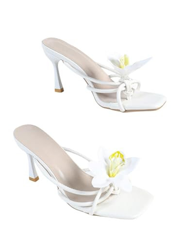 MakeMeChic Women's Open Toe Floral Kitten Heels Flower Summer Beach Sandals Plain White 6.5 | Amazon (US)