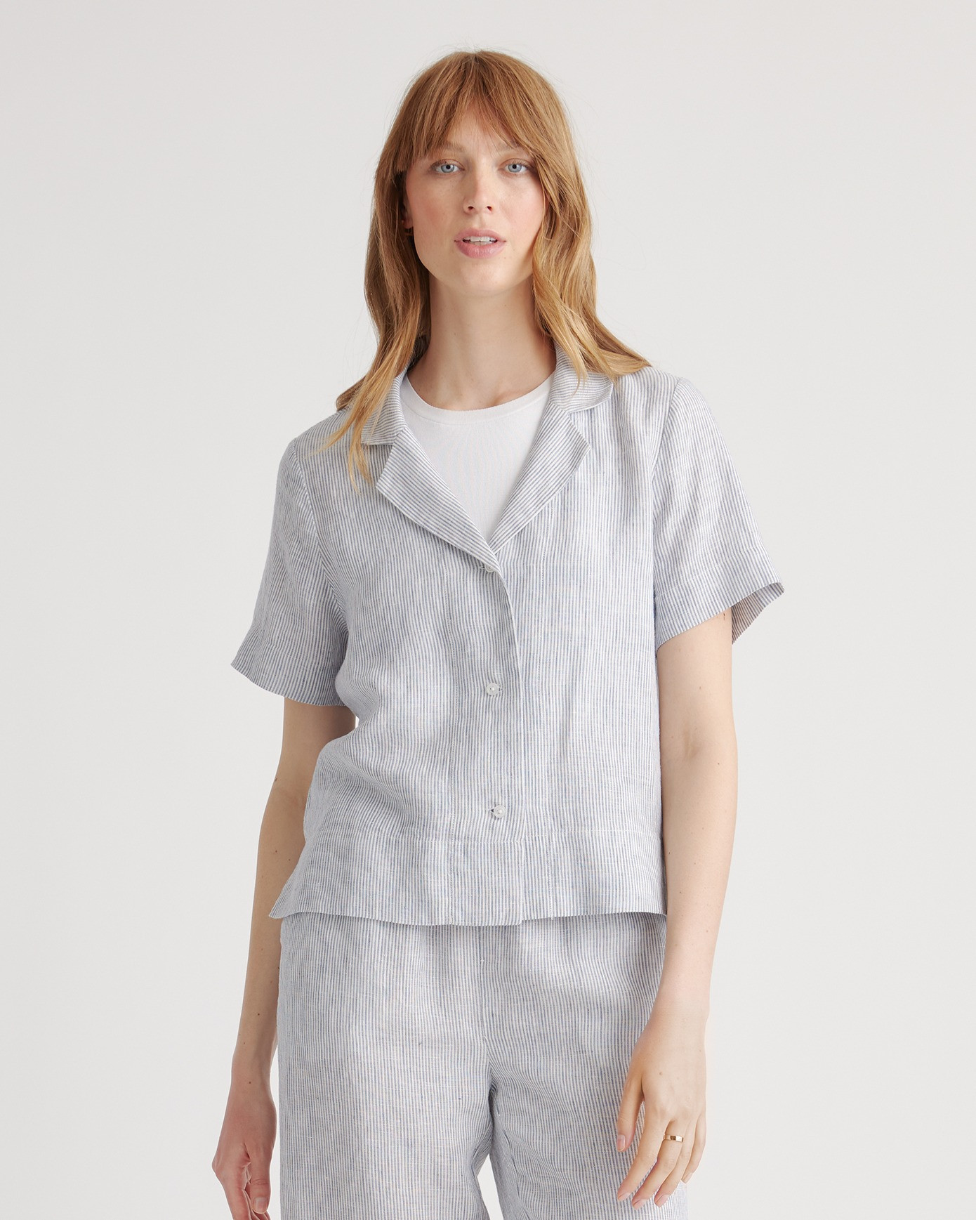 Quince | Women's 100% European Linen Short Sleeve Shirt in Blue Pinstripe, Size XS | Quince